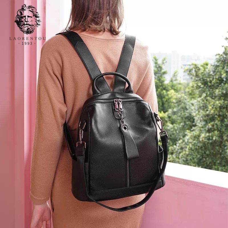Primary image for Women Black Leather Backpack Soft Lady Anti-theft Travel Ruack Shoulder Bag Dayp