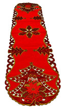 Pine Tree Candle and Poinsettia Cutwork Table Runner 15x68 inches Red - £14.73 GBP