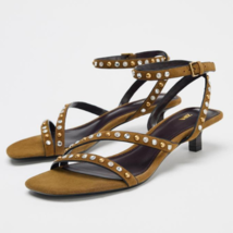 ZARA BNWT 2025. KHAKI BROWN SPLIT SUEDE KITTEN HEEL SANDAL STUDDED. 1346... - $107.81