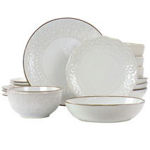 Elama Countess 16 Piece Embossed Double Bowl Stoneware Dinnerware Set in... - $109.95