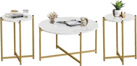White Lamerge Coffee Table Set Of 3, Contemporary Faux Marble Top With Golden - £111.27 GBP