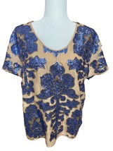 Neiman Marcus Tracy Reese Sequin Floral Blouse M Blue/Beige Lined Holida... - $10.88