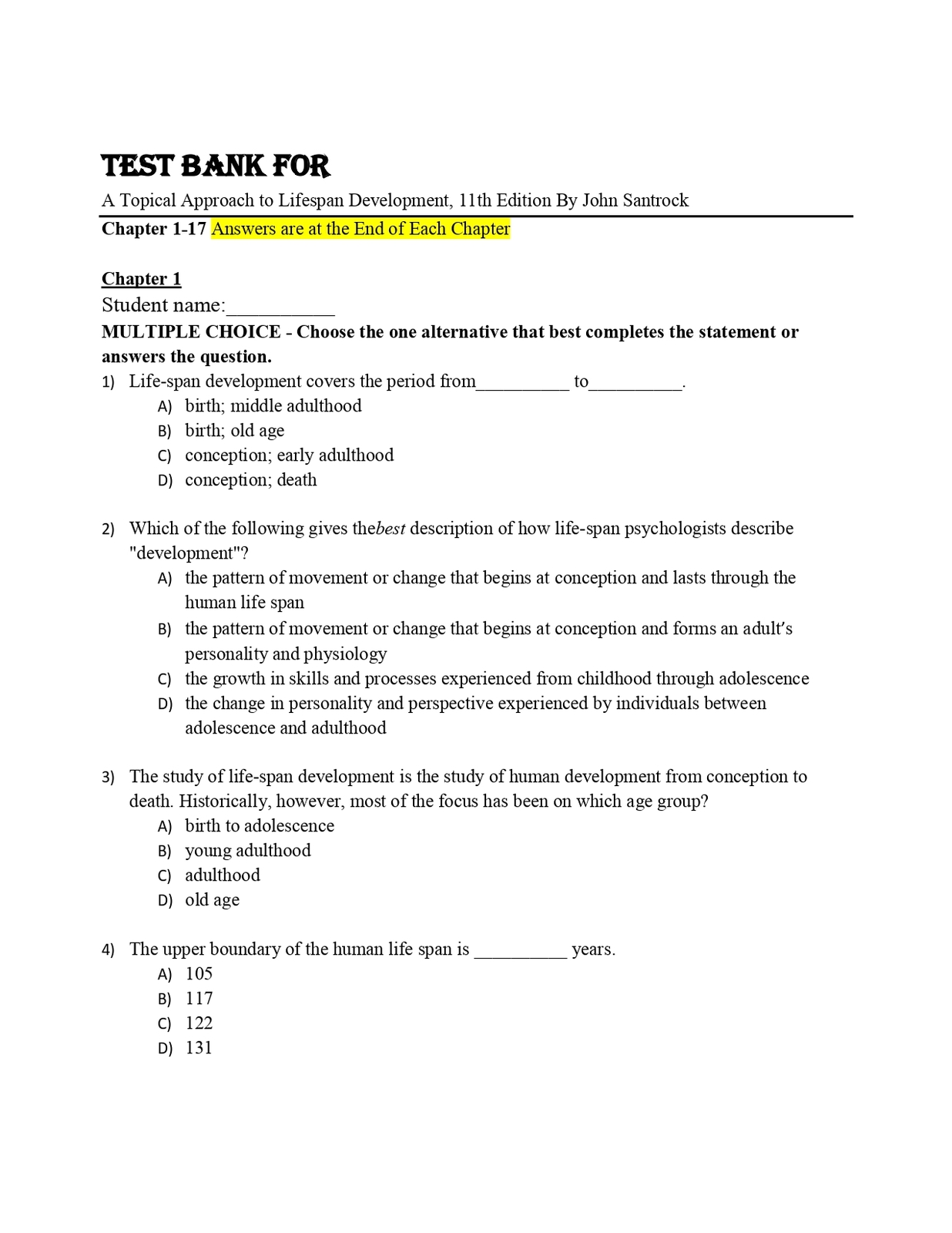 Test Bank For A Topical Approach to Lifespan Development, 11th Edition B... - $17.99
