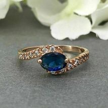 14k Rose Gold Over 1ct Oval Cut Blue Sapphire Accents Solitaire Engagement Ring - £68.52 GBP