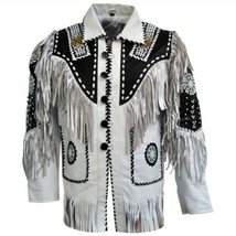 Two Tone Black White Bone Beads Fringes Western Cowboy Suede Real Leather Jacket - £140.99 GBP