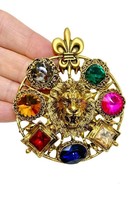 Golden Lion Head Fleur-de-Lis Multicolor Rhinestones Large Round Brooch ... - $17.10