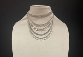 Vintage Silver Tone Rhinestone Link Coin Medallion Multi Chain Necklace - $213.82 MXN
