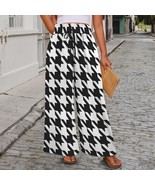 Houndstooth Black White Elastic Waist Tether Wide Leg Pants with Pockets - $749.38 MXN+