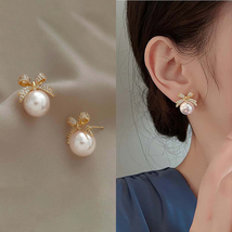 Pave Gold Bow Pearl Earrings Stud For Women Dainty Pearl Stud Earrings - £8.90 GBP