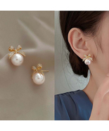 Pave Gold Bow Pearl Earrings Stud For Women Dainty Pearl Stud Earrings - £8.76 GBP