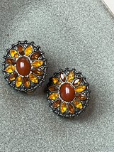 Scalloped Oval Pewter Colored Metal Ovals w Bronze Orange Rhinestone &amp; Oval Rust - £9.05 GBP