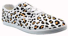 Womens Leopard Cheetah White Canvas Lace Up Sneakers Plimsoll Tennis Shoes - £9.58 GBP