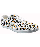 Womens Leopard Cheetah White Canvas Lace Up Sneakers Plimsoll Tennis Shoes - £9.59 GBP