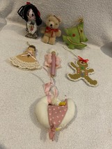 Lot of 7 Vintage Wooden Cloth Crocheted Christmas Ornaments - £11.02 GBP
