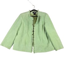 Brandon Thomas Womens 14/16 Suede Leather Jacket Green Open Front Ruffle - $338.16 MXN