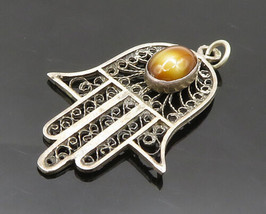 925 Sterling Silver - Vintage Cabochon Brown Agate Hamsa Pendant - PT16151 - £25.68 GBP