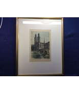 Original Antique Engraving Etching CHURCH GROSSMUNSTER ZURICH SWITZERLAND - $108.29 CAD