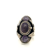 Vintage Sterling Signed CBS Taxco Mexico Amethyst Pillbox Adjustable Ring 6 1/2 - £60.28 GBP