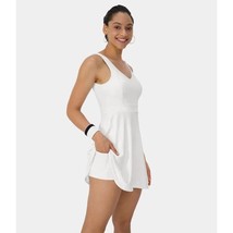 Halara V Neck Backless Side Pocket 2-Piece Flare Tennis Dress White S - £34.13 GBP