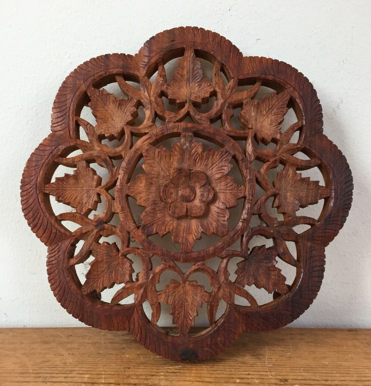 Vintage Handcarved Hardwood Wood Floral Hippy Wooden Kitchen Trivet Indi... - $29.69
