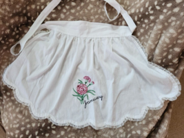 Vtg Mid Century White Half Apron January Embroidery Hand Made Lace Trim - £11.82 GBP