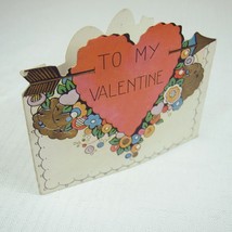 Vintage Valentine Die cut Fold Card Red Heart w/ Gold Arrow &amp; Floral 192... - £7.82 GBP