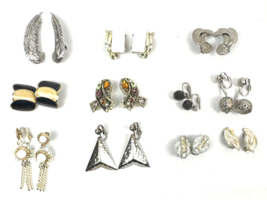 Vintage Earring Lot Clip On Sliver Feather Dangle White Crystal Drop - €30,16 EUR
