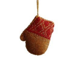 Handmade Christmas Mitten Ornament Beaded Vintage Gold/Brown Red 3&quot; - £7.59 GBP