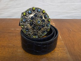 JANA KOS Belt Rhinestone Design Buckle Reptile Croc Embossed Pattern Bla... - $29.95