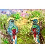 A couple of quetzal birds,mayan pyramid on the background, colourful imp... - £117.84 GBP