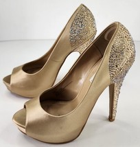 Steve Madden Shoes Womens 7.5M Gold Satin Rhinestone Open Toe High Heel - £34.82 GBP