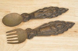 Vintage Kitchen Brass Metalware Indian Religion Folk Art Spoon &amp; Fork Wa... - $24.69