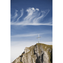 Posterazzi Mountain Peak with A Cross On Top Against A Blue Sky with Clo... - $41.46