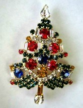 Christmas Tree Brooch Pin Multi Colored Rhinestone Garland And Candles Prong Set - £27.64 GBP