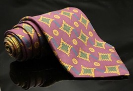 Tommy Hilfiger 100% Silk Neck Tie Purple  green Square Gold Geometric Tie - $16.17