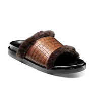 Stacy Adams Monty Slide Sandal Crocodile Print Faux Fur Cognac 25560-221 - £55.74 GBP
