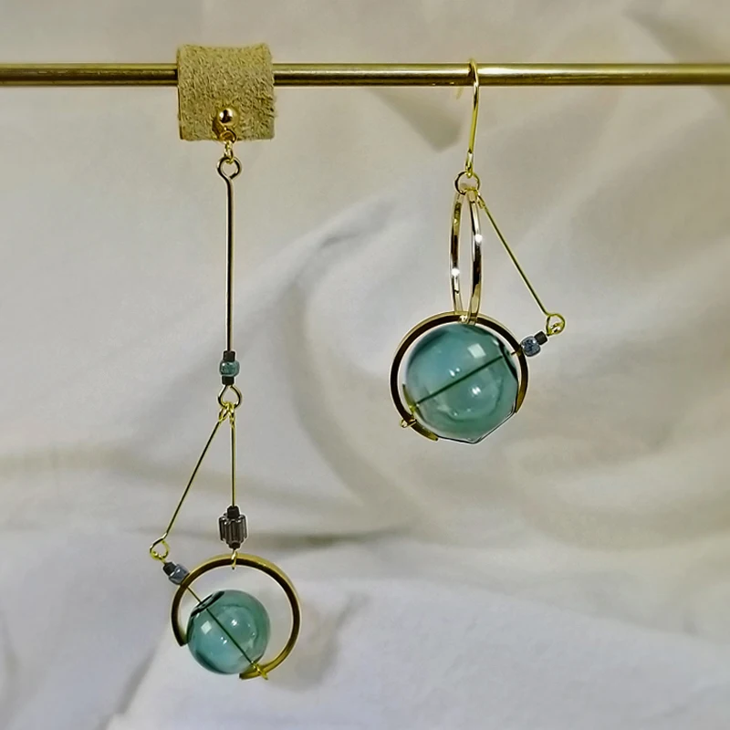Original Design Vintage Dark Green Glass Ball Circle Dangle Long Earrings For Wo - £10.39 GBP