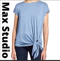 Max Studio Blue Solid Short Sleeve Side Tie Knit Top Blouse Stretch, Size L - $198.55 MXN