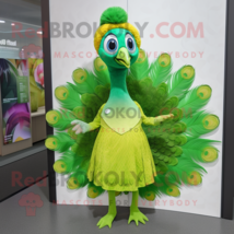 Lime Green Peacock mascot costume character dressed with a Blouse and Brooches - £1,054.25 GBP