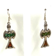 Vintage Signed Sterling Southwest Inlay Turquoise Coral Peyote Dangle Earrings - £39.56 GBP