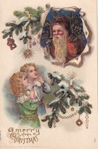 Christmas Santa Claus Brown Robe Children Gilt Embossed Postcard E17 - £11.57 GBP