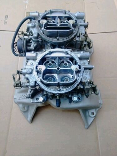 NEW 440 ALUM. 2 X 4 BBL. INTAKE,W/USED EDELBROCK CARBS,CUDA, CHALLENGER,... - $999.00