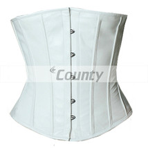 White Real Leather Underbust Corset Full Steel Boned Spiral Basque Lacin... - $73.88