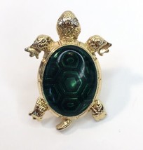 Small Gold Tone Green Sea Turtle Tack Lapel Pin White Rhinestones Eyes Brooch - $11.00