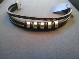 3 Strand Beaded Black PU Leather / Steel Bracelet. Be a Rockstar New - £7.76 GBP