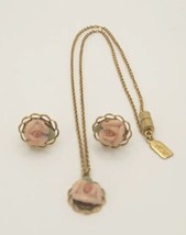 1928 Jewelry Porcelain Rose 17&quot; Necklace &amp; Earrings PB75/2 - £27.52 GBP