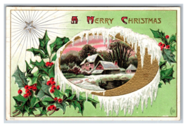 Winter Cabin Scene Holly Star Merry Chirstmas Gilt Embossed 1909 DB Postcard J18 - £3.49 GBP