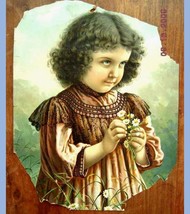 Antique Victorian Large 13.5&quot; Child Girl Flowers Color Print - £38.73 GBP