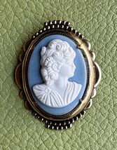 Vintage Blue Cameo Brooch Gold Tone Victorian Lady Portrait Pin Costume ... - $14.85