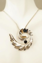 Vintage Costume Jewelry Silver Tone Metal Curled Feather Rhinestone Necklace - £16.81 GBP